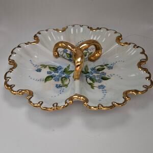 Vintage 1971 Hand Painted Porcelain Divided Dish Blue Flowers Gold Trim Signed